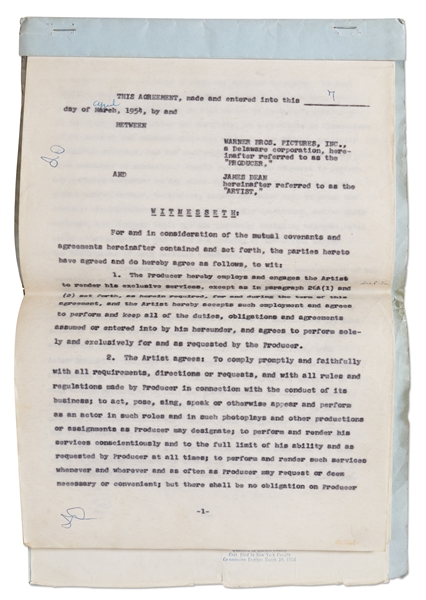 James Dean Contract Signed & Also Initialed 48 Times with Warner Bros. for ''East of Eden'', ''Rebel Without a Cause'' and ''Giant'' -- The Contract that Made James Dean a Hollywood Legend