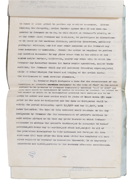 James Dean Contract Signed & Also Initialed 48 Times with Warner Bros. for ''East of Eden'', ''Rebel Without a Cause'' and ''Giant'' -- The Contract that Made James Dean a Hollywood Legend