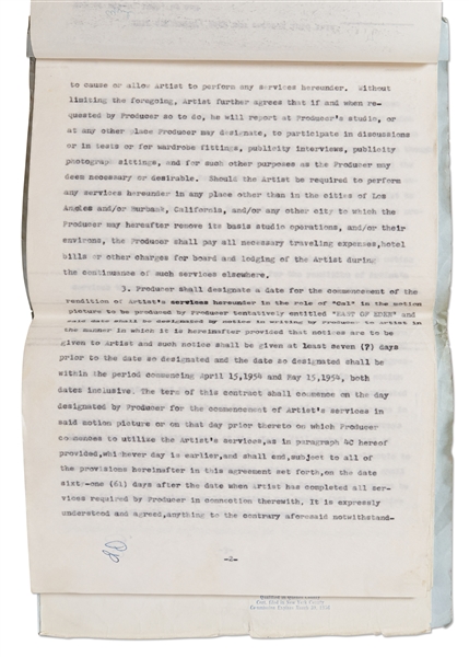 James Dean Contract Signed & Also Initialed 48 Times with Warner Bros. for ''East of Eden'', ''Rebel Without a Cause'' and ''Giant'' -- The Contract that Made James Dean a Hollywood Legend