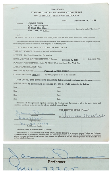 James Dean Signed Contract for a TV Role in 1955 -- Dean Also Handwrites His Social Security and Telephone Numbers