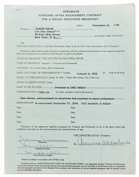 James Dean Signed Contract for a TV Role in 1955 -- Dean Also Handwrites His Social Security and Telephone Numbers