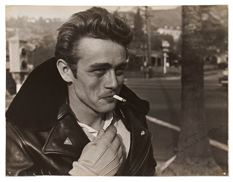 James Dean Signed Photo ''To Mom / My heart and thanks / Jim'' -- Large Photo from the Famous Motorcycle Session Measures 13.5'' x 10.25''