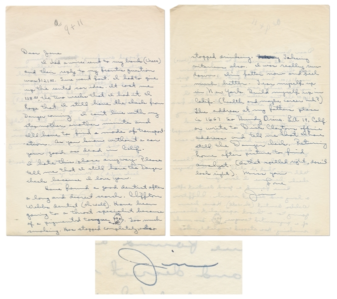 James Dean Autograph Letter Signed, Shortly Before ''East of Eden'' Started Filming -- Affectionate Letter with Self-Portrait Discusses Living at Home with His Stepmother, Seeing an Analyst & More