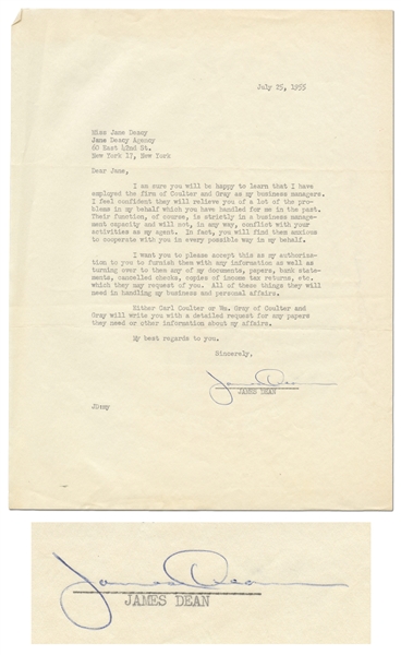 James Dean Letter Signed to His Agent Jane Deacy in 1955