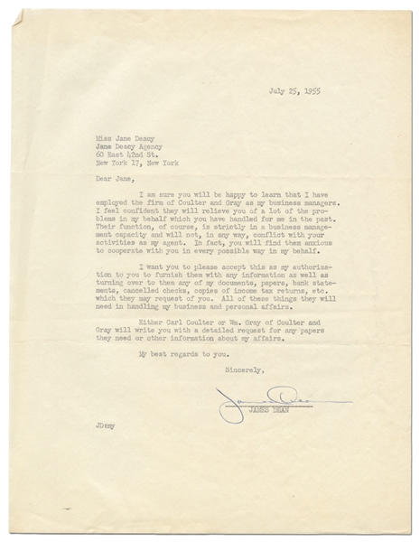 James Dean Letter Signed to His Agent Jane Deacy in 1955