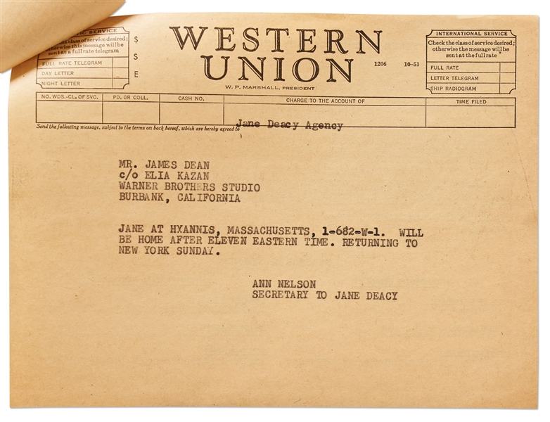 James Dean Telegram Sent in 1954 to His Agent Jane Deacy -- ''concerning future status...Love Jimmy''