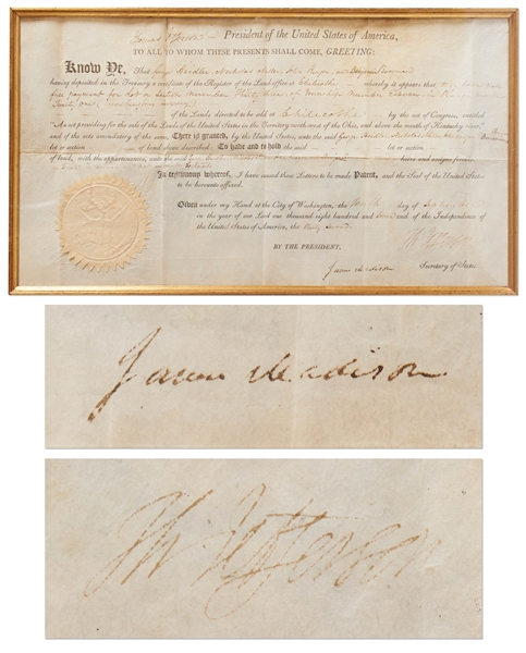 Thomas Jefferson Land Grant Signed as President -- Countersigned by James Madison as Secretary of State