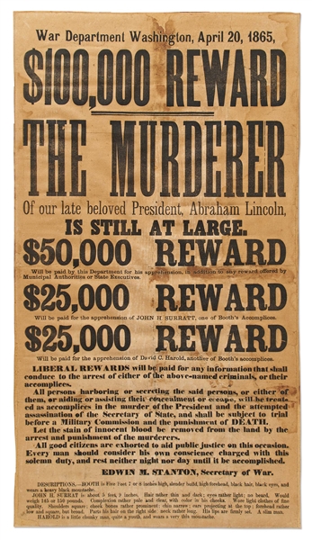 John Wilkes Booth Reward Poster for the Assassination of Abraham Lincoln -- Rare First Printing of One of the Most Important Documents in U.S. History, With Only a Few Extant