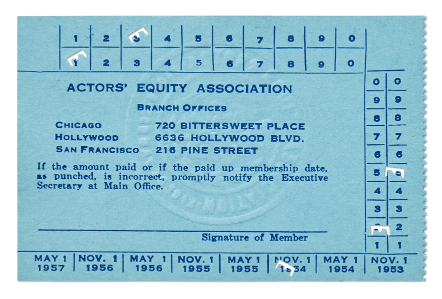 James Dean's Actor's Equity Association Card from 1954