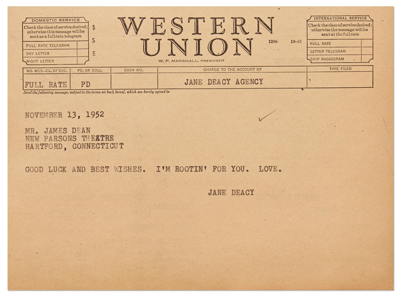 Telegram Sent to James Dean from His Agent Jane Deacy -- On the Eve of Dean's Stage Debut in 1952