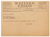 Telegram Sent to James Dean from His Agent Jane Deacy -- On the Eve of Deans Stage Debut in 1952