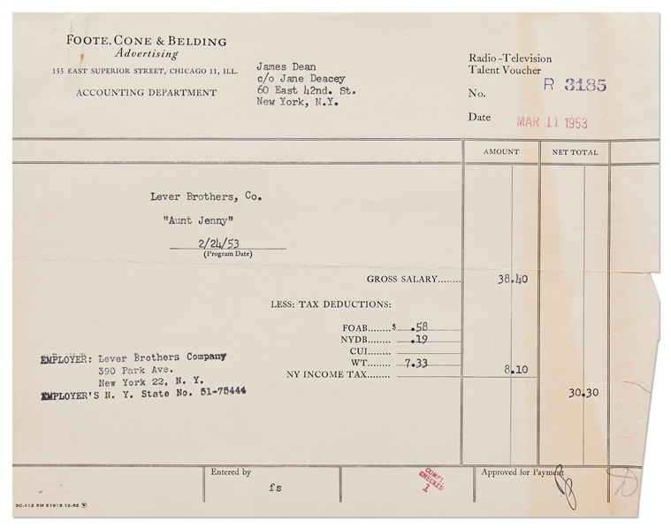 Payment Voucher to James Dean for a 1953 TV Commercial -- Also Includes Letter from the Jane Deacy Agency