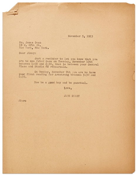 Jane Deacy Letter to James Dean from 1953 -- ''...Now be a good boy and be punctual...''