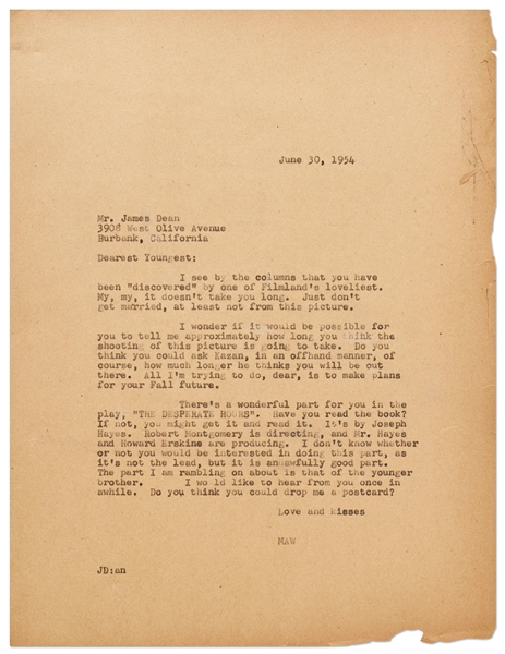 Jane Deacy Letter to James Dean from 1954 While Filming ''East of Eden'' -- ''...Do you think you could ask Kazan, in an offhand manner, of course, how much longer he thinks you will be out there...''