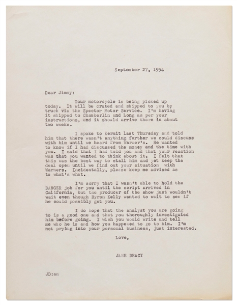 Jane Deacy Letter to James Dean from 1954 -- ''...I do hope that the analyst you are going to is a good one and that you thoroughly investigated him...I'm not prying into your personal business...''