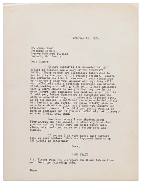 Jane Deacy Letter to James Dean from 1954 -- ''...I was shocked about Pier Angeli and Vic Damone. I sincerely hope that you are not too badly hurt and upset about this...''