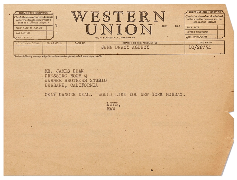 Telegram to James Dean from His Agent Jane Deacy Regarding the TV Show ''Danger''