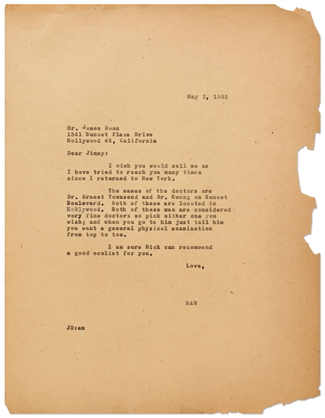 Jane Deacy Letter to James Dean from 1955 During Filming of ''Rebel Without a Cause''