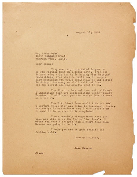 Jane Deacy Letter to James Dean -- ''...I flipped when I heard that Paul Newman was going to do it...''