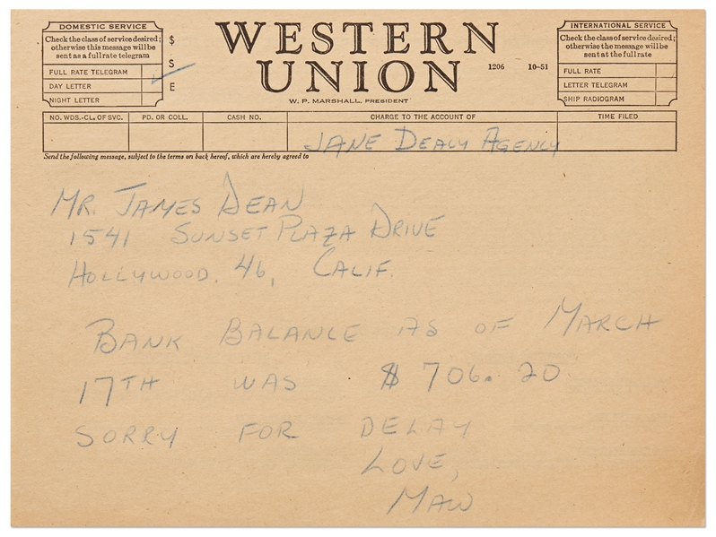 Draft Telegram to James Dean from His Agent Jane Deacy When Dean Was Filming ''Rebel Without a Cause''