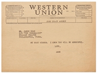 Telegram to James Dean from His Agent Jane Deacy, c/o The Immoralist, Deans Breakout Broadway Role