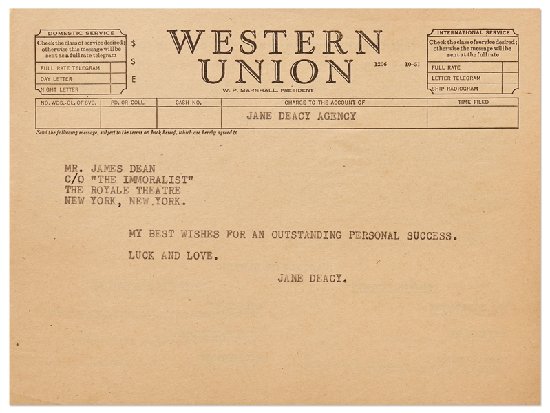 Telegram to James Dean from His Agent Jane Deacy, ''c/o 'The Immoralist''', Dean's Breakout Broadway Role