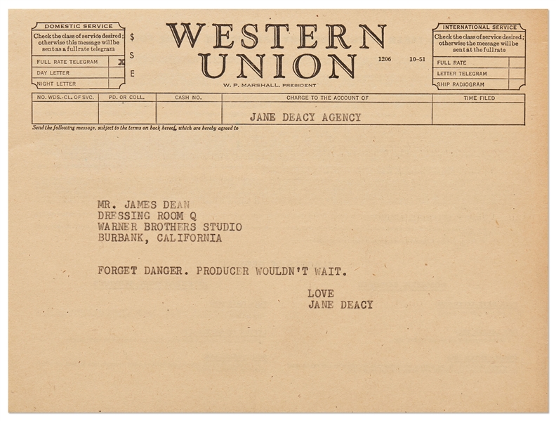 Telegram to James Dean from His Agent Jane Deacy Regarding the TV Show ''Danger''