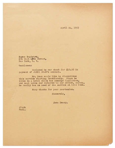 Jane Deacy Letter Cancelling James Dean's Phone Message Service