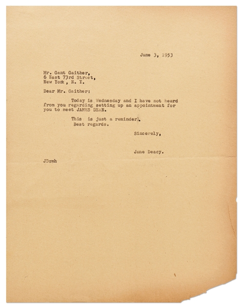 Jane Deacy Letter to Broadway Producer Gant Gaither, Promoting James Dean