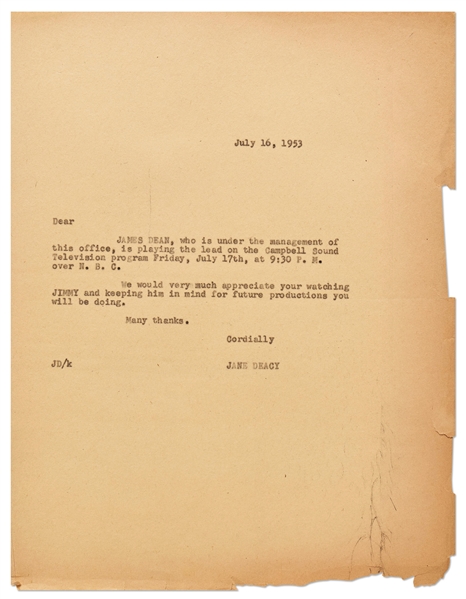 Jane Deacy Letter Promoting James Dean's Lead Role in the 1953 TV Show ''Something for an Empty Briefcase''