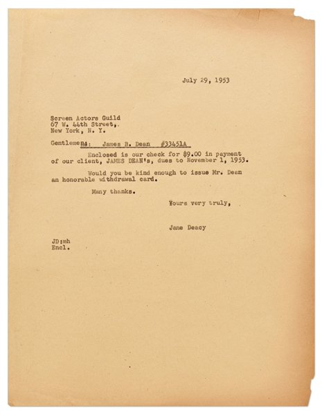 Jane Deacy Letter to SAG Regarding James Dean