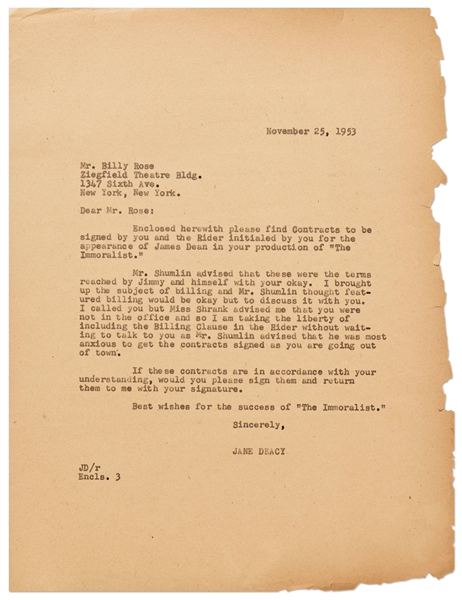 Jane Deacy Letter Regarding James Dean's Role in ''The Immoralist''