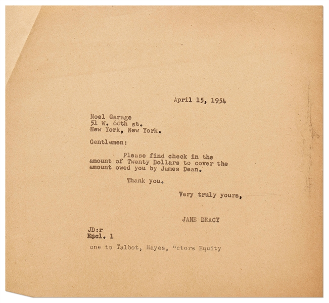 Jane Deacy Letter, Paying a Debt Owed by James Dean