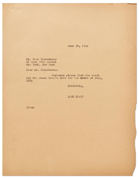 Jane Deacy Letter, Paying James Dean's New York Rent While He Filmed ''East of Eden''