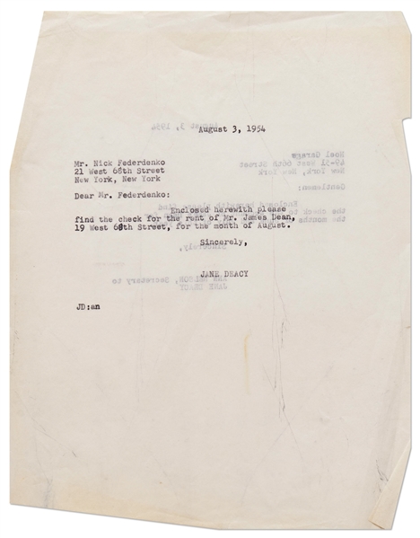 Jane Deacy Letter, Paying James Dean's New York Rent While He Filmed ''East of Eden''