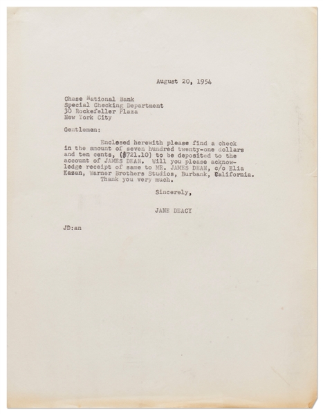 Jane Deacy Letter, Taking Care of James Dean's Finances While He Filmed ''East of Eden''