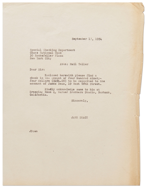 Jane Deacy Letter, Taking Care of James Dean's Finances While He Was in Los Angeles