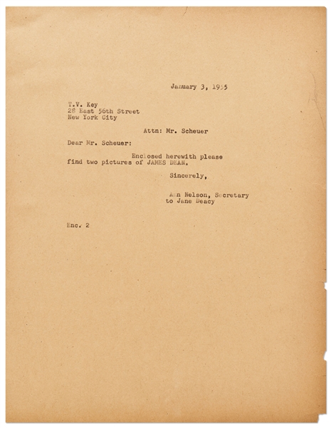 Jane Deacy Letter to Steven Scheuer of T.V. Key, Sending Him Photos of James Dean