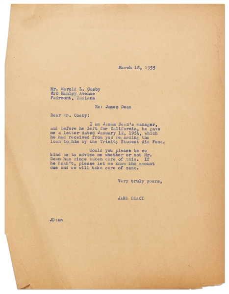 Jane Deacy Letter Regarding James Dean