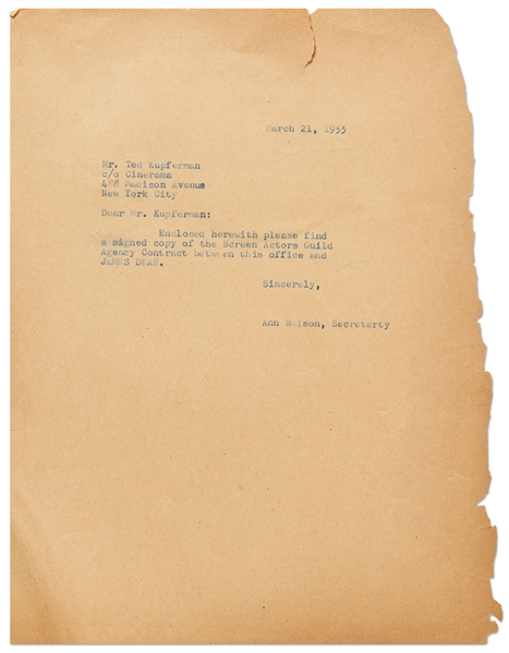 Letter from Jane Deacy's Office Regarding Deacy's Contract with James Dean