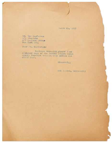 Letter from Jane Deacy's Office Regarding Deacy's Contract with James Dean