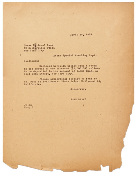 Jane Deacy Letter, Taking Care of James Dean's Finances