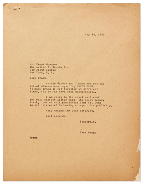 Jane Deacy Correspondence Regarding PR Services for James Dean After ''East of Eden'' Premiered