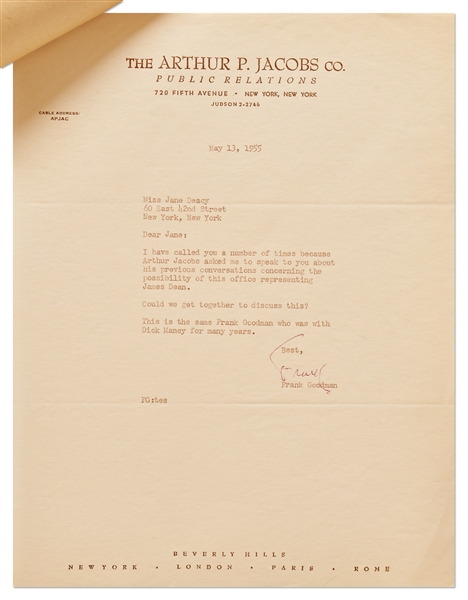 Jane Deacy Correspondence Regarding PR Services for James Dean After ''East of Eden'' Premiered