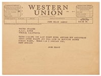 Telegram from Jane Deacy Regarding James Dean -- Jimmy loves script