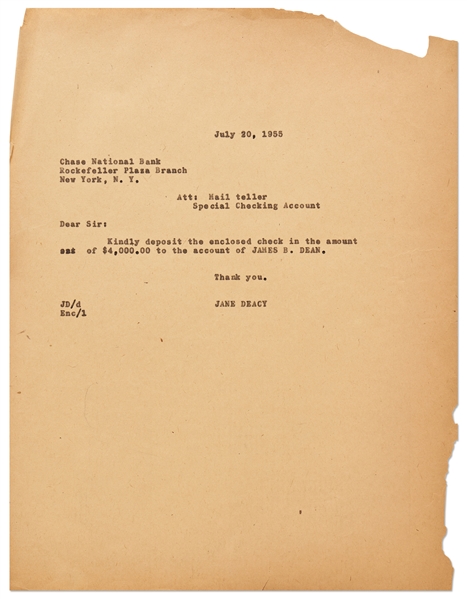 Jane Deacy Letter, Taking Care of James Dean's Finances