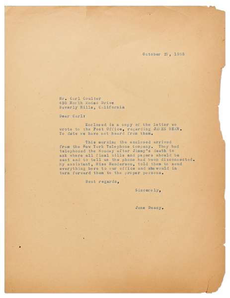 Jane Deacy Letter Shortly After James Dean's Death