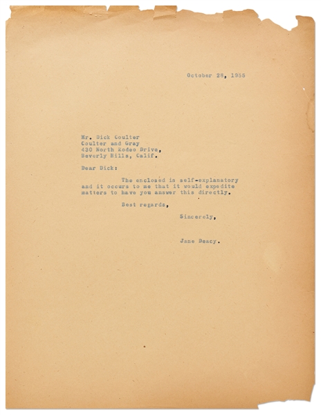 Jane Deacy Letter Shortly After James Dean's Death