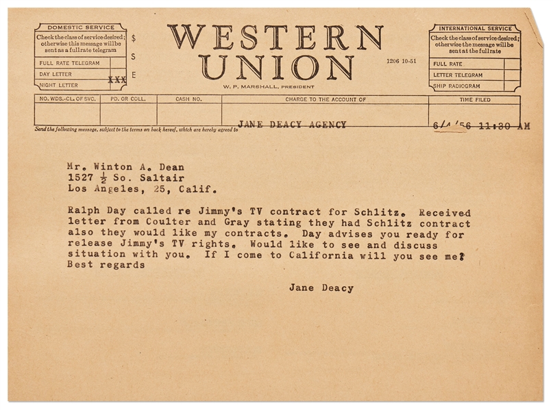 Telegram from Jane Deacy to James Dean's Father After His Death -- ''...If I come to California will you see me?...''