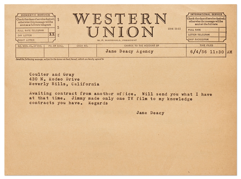 Telegram from Jane Deacy in 1956 Regarding James Dean -- ''...Jimmy made only one TV film to my knowledge...''